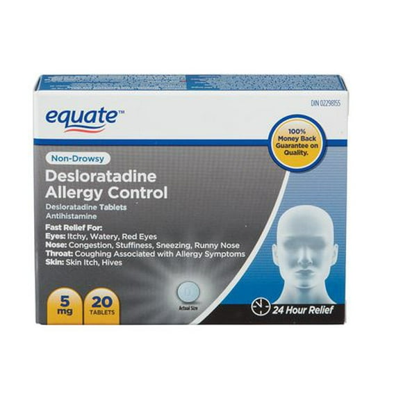 Equate Desloratadine Allergy Control Tablets, 20 Tablets, Non Drowsy, 24 hour Relief