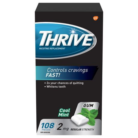 Gomme Thrive 2 mg Force régulière Remplacement de la nicotine Cool à la menthe, 108 morceaux