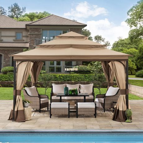 Sunjoy Darien 13 ft. x 13 ft. Brown Steel Framed Gazebo with 3-tier Tan ...