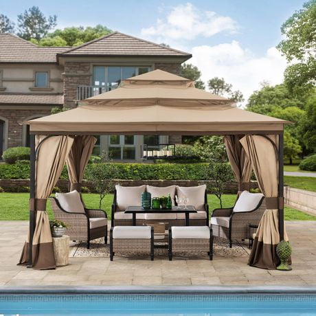 Sunjoy Darien 13 ft. x 13 ft. Brown Steel Framed Gazebo with 3-tier Tan and Brown Canopy