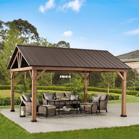 Sunjoy Carolina Collection 13 ft. x 15 ft. Cedar Gazebo with Steel Gable Roof Hardtop