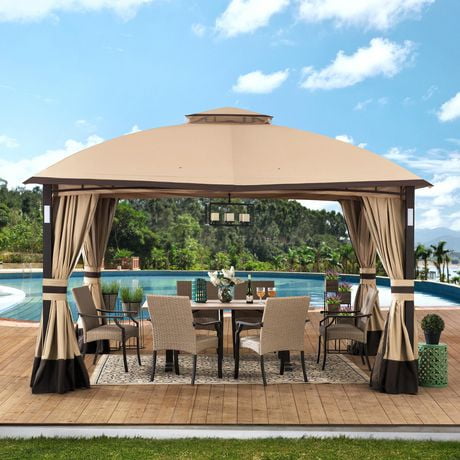 Sunjoy Adrienne 11 ft. x 13 ft. Tan and Brown Gazebo with LED Lighting and Bluetooth Sound