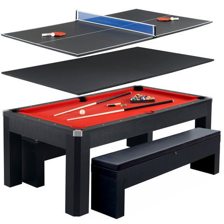 Park Avenue 7-Foot Pool Table Tennis Combination with Dining Top, Two Storage Benches, Free Accessories
