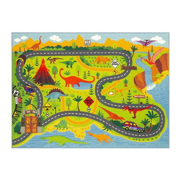 KC Cubs Playtime Collection Dinosaur Dino Safari Road Map Educational Learning & Game Area Rug Carpet for Kids and Children Bedrooms and Playroom