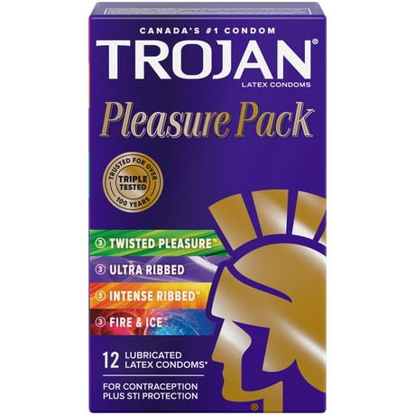 Trojan Pleasure Pack Assorted Lubricated Condoms, Extra Stimulting, 12 Lubricated Latex Condoms