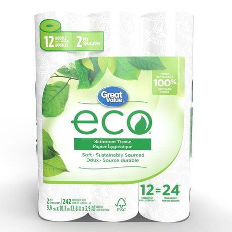 Great Value ECO Papier hygiénique, 12 rouleaux doubles, 242 feuilles 12=24 rouleaux, 242 feuilles