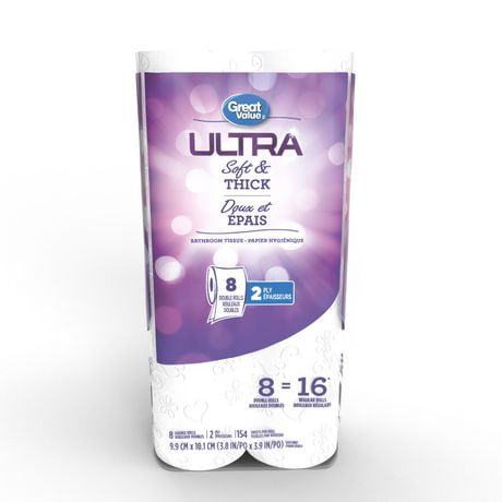 Great Value Ultra Soft and Thick Bathroom Tissue, 8 double rolls, 154 sheets, 8 double rolls, 2 ply