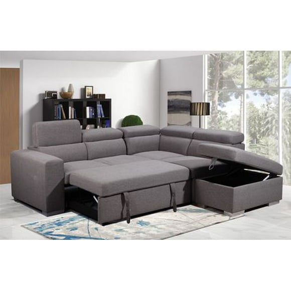 K-Living Hilda Sectional Sofa Bed in Grey Linen Fabric with Ratchet Headrest