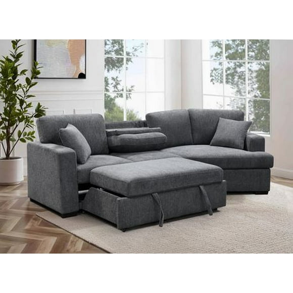 K-Living Charles Cuddler Canapé-lit en tissu gris avec plateau rabattable et oreillers assortis