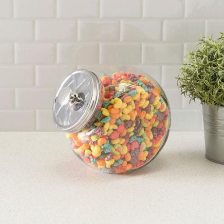Large 91 oz. Round Glass Candy Storage Jar with Stainless Steel Top, Clear, GLASS CANDY JAR LRG