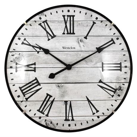 Grande horloge murale Westclox White Wash Woodgrain avec chiffres romains et verre bombé