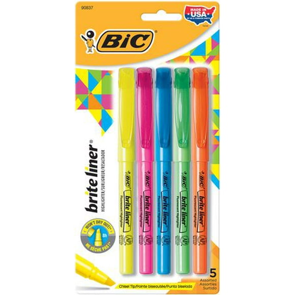 BIC Brite Liner Chisel Tip Highlighter, Assorted Colors, 5-Count, For Broad-Line Highlighting or Fine Line Underlining, Assorted, pack of 5