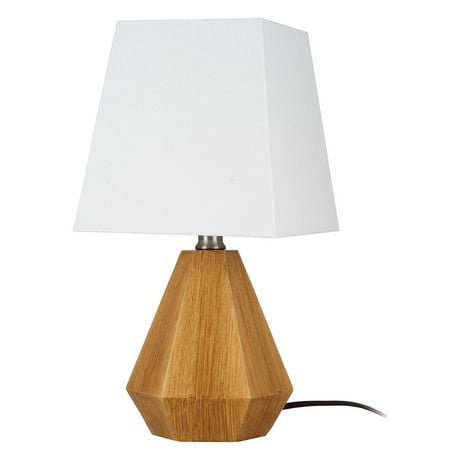 Home Trends 13.6" Geometric Wood Finish Accent Lamp with Square White Linen Shade, Modern 7" W x 13.6" H Accent Lamp