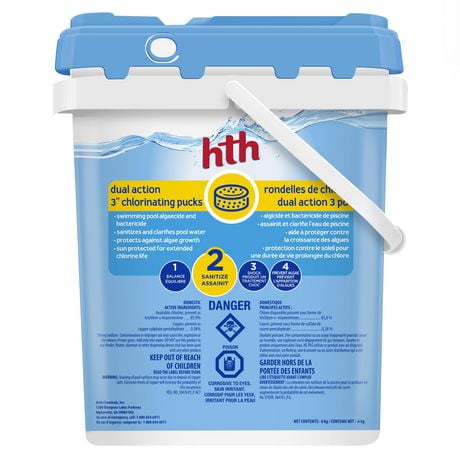 hth® rondelles de chlore dual action 3 po, 6kg protège contre les algues et autres organismes