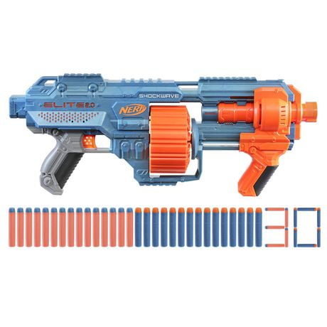 Nerf Elite 2.0 Shockwave RD-15 Blaster, 30 Nerf Darts, 15-Dart Rotating Drum, Pump-Action Slam Fire, Built-In Customizing Capabilities, Ages 8 and up
