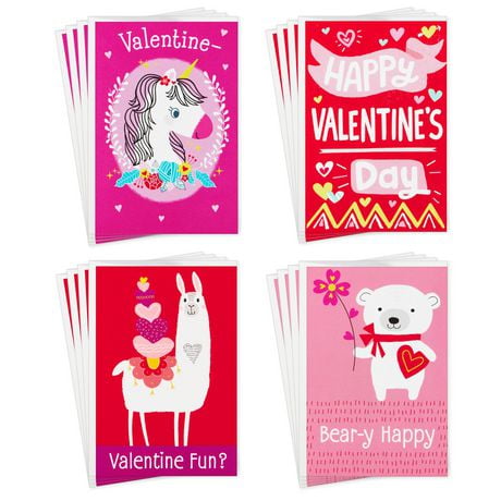 Assortiment de cartes Hallmark de la Saint-Valentin pour enfants, 12 cartes et enveloppes (Licornes, ours et lamas)
