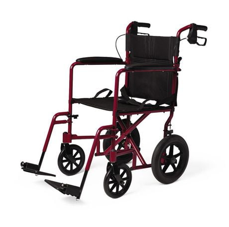 Medline Lightweight Transport Wheelchair with 12  Rear Wheels  Folding Transport Chair  300lb Weight Capacity  Red Frame