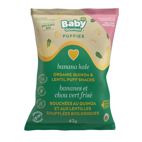 Puffies Banane Chou Kale biologiques Baby Gourmet Bouchées au quinoa et aux lentilles soufflées biologiques - 42 g