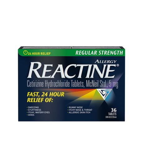 Reactine Régulier, comprimés antiallergiques/antihistaminiques, chlorhydrate de cétirizine à 5 mg,  soulagement 24 hr 36 comprimés