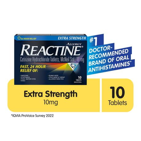 Reactine Extra fort, comprimés antiallergiques/antihistaminiques, chlorhydrate de cétirizine à 10 mg,  soulagement 24 h 10 comprimés