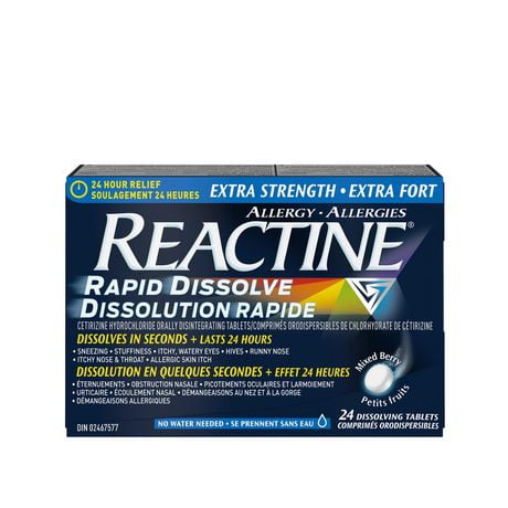 Reactine Rapid Dissolve Extra Strength Tablets - For Itchy Eyes, Hives, Runny Nose - 24 Hour Allergy Relief, 24 Count
