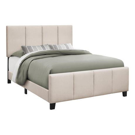 Monarch Specialties Bed, Queen Size, Platform, Bedroom, Frame, Upholstered, Linen Look, Wood Legs, Beige, Black, Transitional