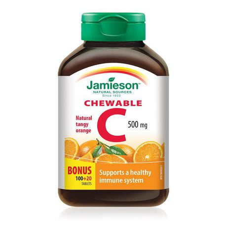 Jamieson Chewable Vitamin C 500 mg Tangy Orange Flavour, 100+20 chewable tablets
