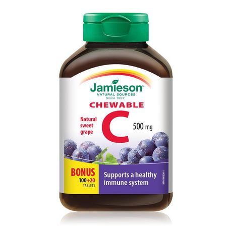 Jamieson Vitamine C 500 mg à croquer - Jus de raisin 100 + 20 comprimés à croquer