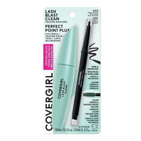 COVERGIRL Value Pack Mascara + Eyeliner Lash Blast Clean Vegan Mascara + Perfect Point Plus Eye Pencil with built-in smudger, 100% Cruelty-Free, Value Pack