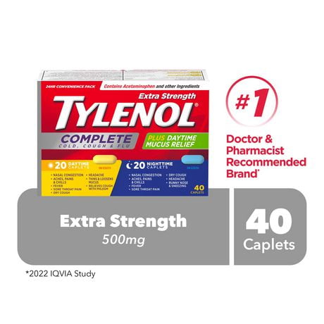 Tylenol Extra fort, Complet Rhume, toux et grippe, Duo pratique Jour/Nuit, soulage les symptômes de rhume, toux et grippe 40 caplets