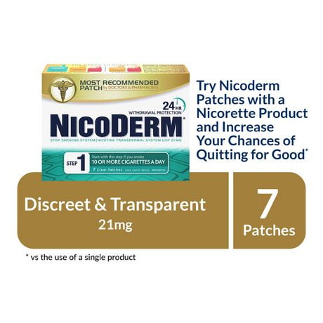Timbres Nicoderm transparents Étape 1, 21 mg/jour, Timbre transdermique de nicotine, Aide pour cesser de fumer et Aide de renoncement au tabac 7 timbres