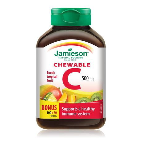 Jamieson Vitamine C à Croquer 500 mg - Fruits tropicaux 100 + 20 comprimés à croquer
