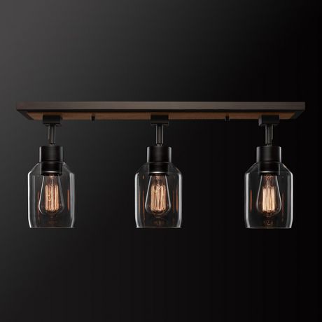 Globe Electric 57502 Austin 3-Light Track Lighting Clear Glass Shades Matte Black Accents Faux Wood 