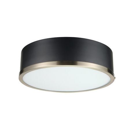 Globe Electric Selina 2-Light Metal Flush Mount Ceiling Light, Matte Black, Antique Brass Accents, Frosted Glass Shade, 60309