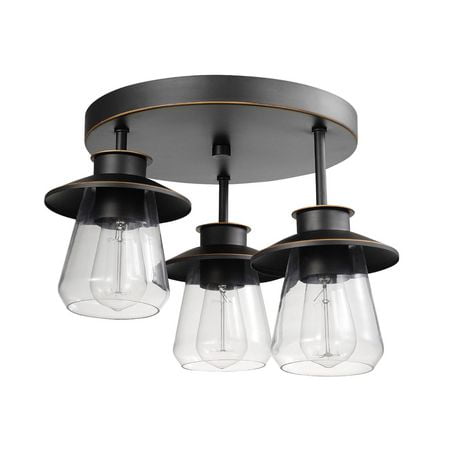 Globe Electric Nate 3-Light Metal Semi-Flush Mount Ceiling Light, Oil Rubbed Bronze, Clear Glass Shades, 60879