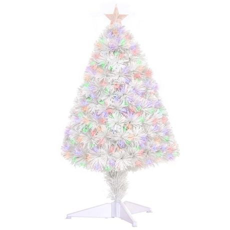 HOMCOM 2.5FT Prelit Artificial Tabletop Christmas Tree with Fiber Optics Holiday Home Xmas Decoration for Table and Desk White