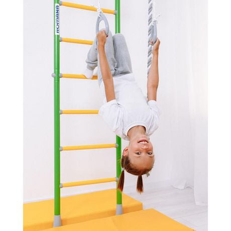 Comet Jungle Gym, Indoor Jungle Gym for Kids at your home. Consists of a ladder, a chin-up bar, a trapeze, gymnastic rings, a rope ladder.