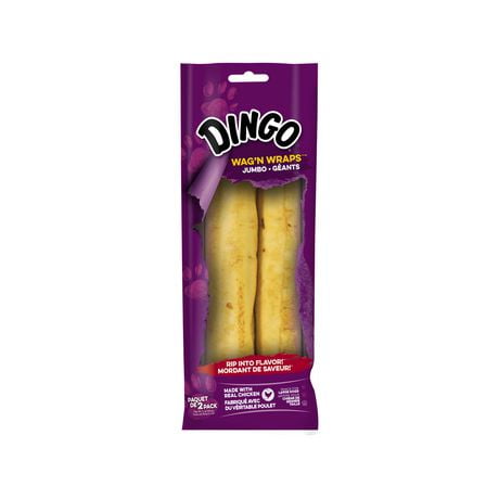 2 Wag’n’Wraps Dingo en format géant, faites de poulet véritable, gâteries en cuir brut de qualité pour les chiens de grande taille