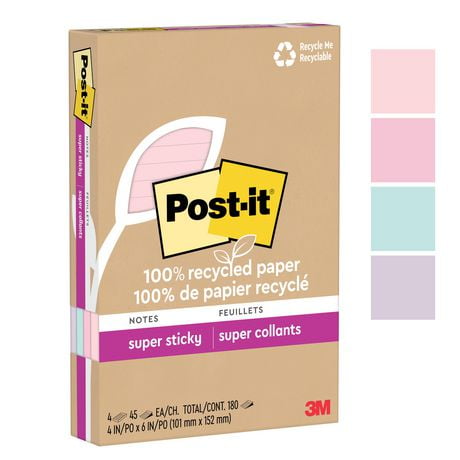 Post-it® 100% Recycled Paper Super Sticky Notes 4621R-4SSNRP, Wanderlust Pastels Collection, Lined, 4 in x 6 in, 4 Pads/Pack, 45 Sheets/Pad, Super Sticky Notes