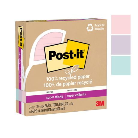 Post-it® 100% Recycled Paper Super Sticky Notes 675R-3SSNRP, Wanderlust Pastels Collection, Lined, 4 in x 4 in, 3 Pads/Pack, 70 Sheets/Pad, Super Sticky Notes