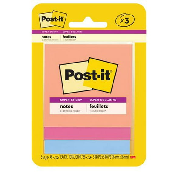 Post-it® Super Sticky Notes 3321-SSJOY, Summer Joy Collection, 3 in x 3 in (76 mm x 76 mm), 3 Pads/Pack, 45 Sheets/Pad, Super Sticky Notes