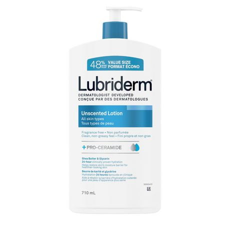Lubriderm Unscented Lotion, Shea Butter and Glycerin, Dry Skin, Hand, Face Moisturizer, Fragrance Free, 710 mL