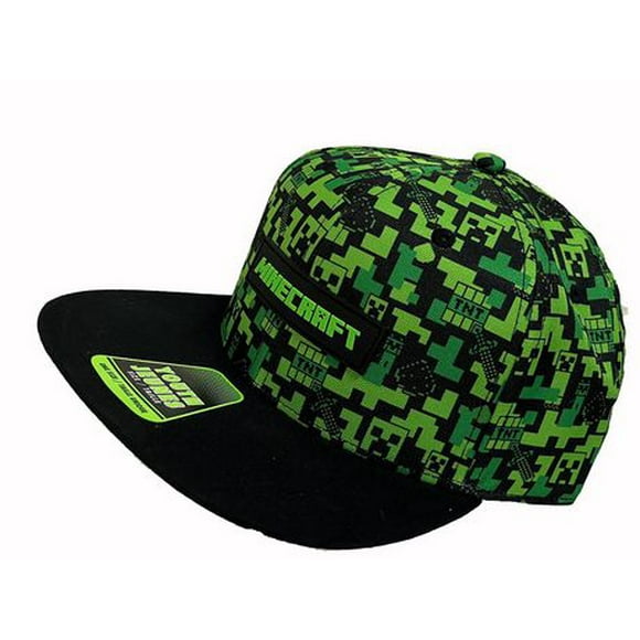 Minecraft Black/ Green AOP with Logo Snap back Hat, Licenced Minecraft Youth Hat