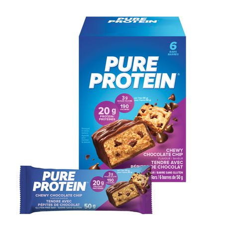 CHEWY CHOCOLATE CHIP, 20 g of protein, gluten free, 6 X 50 g bars, New Look! Pure Protein bars feature the winning combination of high protein and great taste.