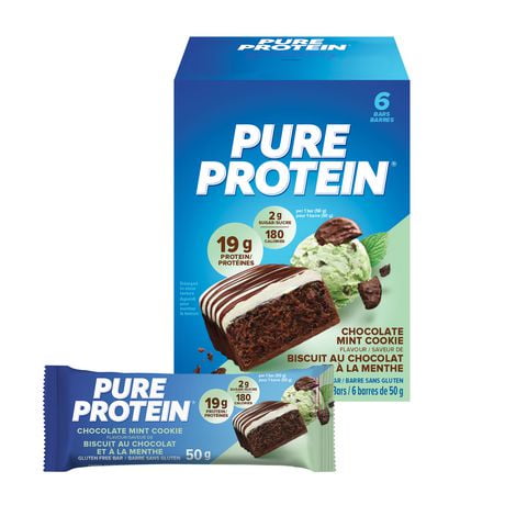 CHOCOLATE MINT COOKIE, 19 g protein, gluten free, 6 X 50 g bars, New Look! Pure Protein bars feature the winning combination of high protein and great taste.