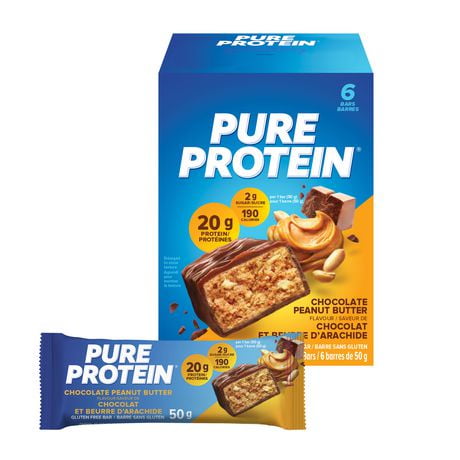 CHOCOLATE PEANUT BUTTER, 20 g of protein, gluten free, 6 X 50 g bars, New Look! Pure Protein bars feature the winning combination of high protein and great taste.