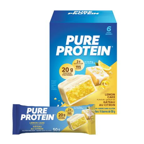 GÂTEAU AU CITRON, 20 g de protéines, sans gluten, 6 barres de 50 g Nouvelle apparence! Les barres Pure Protein marient une haute teneur en protéines à un goût délicieux. Une combinaison gagnante!