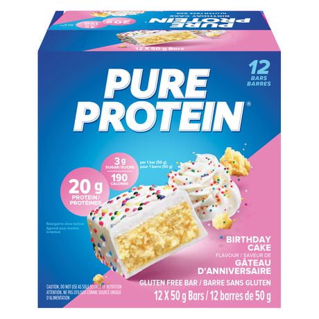 BIRTHDAY CAKE, 20 g of protein, gluten free, 12 X 50 g, New Look! Pure Protein bars feature the winning combination of high protein and great taste.