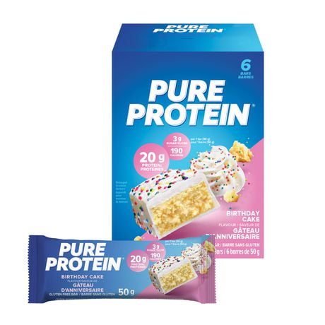 BIRTHDAY CAKE, 20 g of protein, gluten free, 6 X 50 g, New Look! Pure Protein bars feature the winning combination of high protein and great taste.