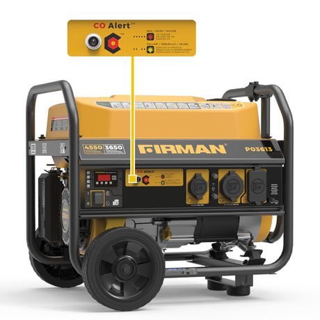 FIRMAN 4450/3550 Watt 120V Recoil Start Gas Portable Generator equipped with CO shutoff alert system. EPA and cETL Certified with wheel kit